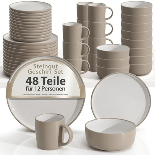 Hausfelder Steingut Geschirrset 48-teilig, 12 Personen, Nordic Sand | 48-teiliges Tafelservice aus Steingut, Schüsseln & Teller, für 12 Personen