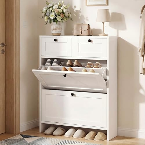 VOWNER Schuhschrank Schuhkipper Schmal Weiß | 2 Klappfächer für 4-8 Paare mit Anti-Kipp-Schutz für Flur, 80x24x110cm