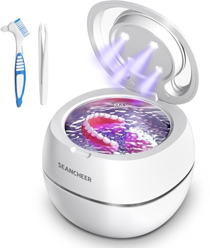 SEANCHEER Ultraljudstvätt 48000Hz Ultraljudsrengörare | 180ML | Ultrasonic Cleaner med UV Lampa för | Tandprotes | Hållare | Bettskena | Tandställning | Löständer | Protes | (Vit)