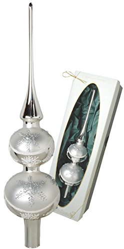 Christbaumspitze Satin Silber glänzend mit Dekor, 30 cm in hochwertiger Geschenkbox