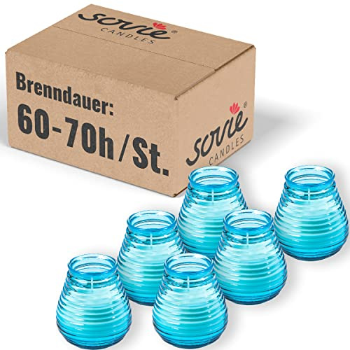 Sovie CANDLES Glaswindlicht Flairlight in AQUABLAU, Brenndauer ca. 60–70 Stunden, 6 Stück, Duftfrei, H 10cm x B 9cm
