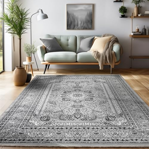 SIMPEX Orient Teppich 160x230 cm Grau, Klassisch Gemustert, Pflegeleicht & robust, Stilvoller Bodenteppich für Esszimmer oder große Räume