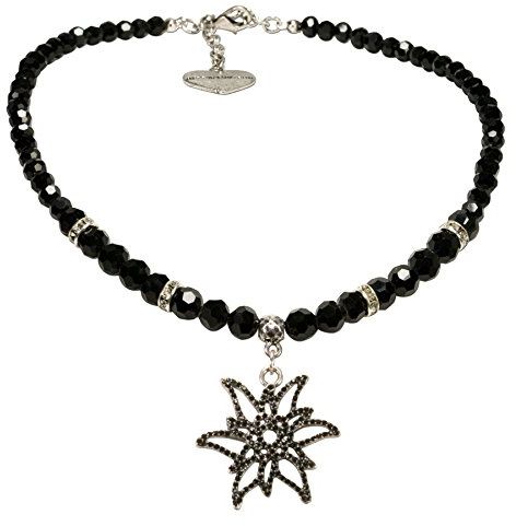 Alpenflüstern Perlen-Trachtenkette Glitzer-Edelweiß - Damen-Trachtenschmuck mit mit filigranem Strass-Edelweiß, Elegante Dirndlkette in schwarz und Creme-weiß DHK215