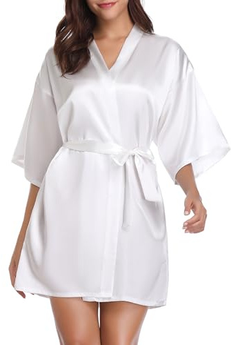Vlazom Kimono för damer, morgonrock, kort satin badrock med bälte, v-ringad kimono, Vit, M