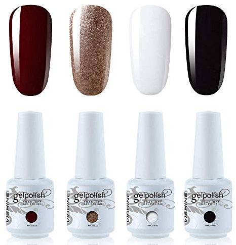 Vishine – Juego de 4 esmalte de uñas Gel Semi Permanente Blanco Negro Rojo Oscuro Y Rosa Oro Soak Off UV LED Gel Nail Polish Nail Art Kit clásico