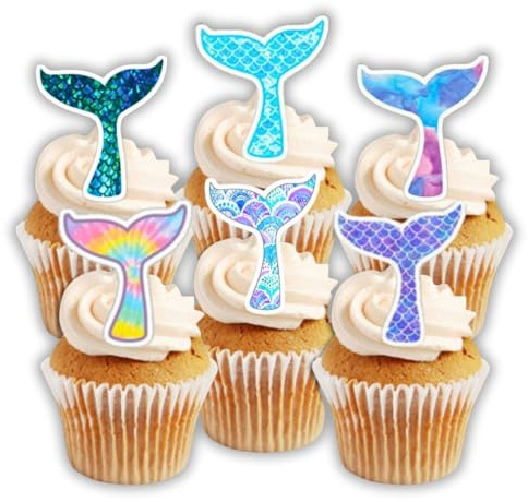 Mermaid Tail Edible Cupcake Toppers, Magical Under the Sea Cake Decorations for Birthdays, Ocean Party, Children’s Baking - Wafer Card – 12 x 5cm/2 Inch (PRECUT)