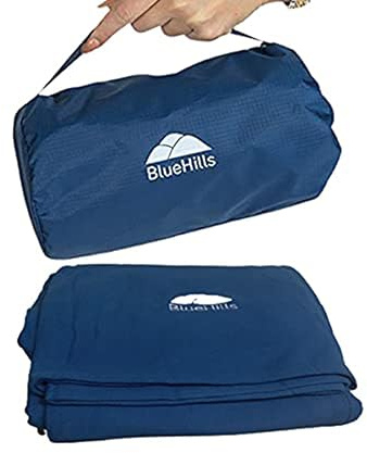 BlueHills Ultra Compact Travel Blanket Pillow in Portable Bag Case with Hand Luggage Belt & Backpack Clip Premium Cozy Soft Compact Pack Large Blanket for Airplane Flight Layover - Navy Blue C001