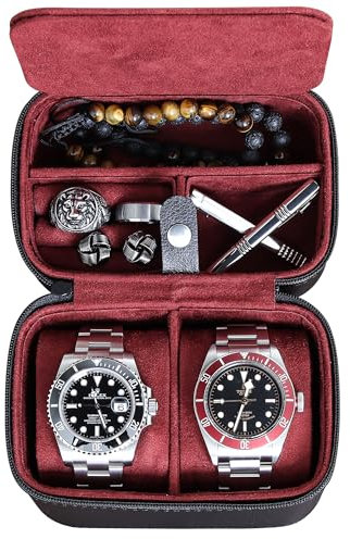 ROTHWELL 2 Watch Travel Case Storage Organizer for 2 Watches | Tough Portable Protection w/Zipper Fits All Wristwatches & Smart Watches Up to 50mm (Black/Red)