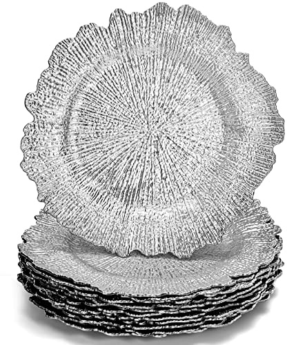 WUWEOT 12 Pack Charger Plates, 12.7 Round Plastic Reef Plate Chargers with Flora Reef Design for Wedding Dinner Party Decoration (Silver)