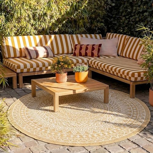 FRAAI | Home & Living In- & Outdoor Teppich Rund - Summer Azteca Gelb - Wetterfest - Polypropylen - Ø 120 cm - Balkon, Garten/Terrasse - Terrasse Teppich - Outdoor Rug