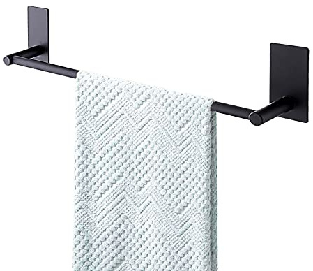 Songtec Adhesive Towel Bar Black 16-Inch, Stick On Bath Towel Rack No Drill, Strong Adhesion Tape Mount Towel Holder, Stainless Steel - Black