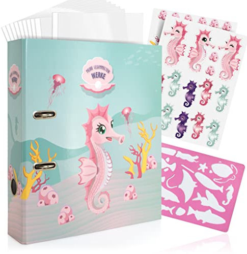 OfficeTree Portfolio Kindergarten Ordner A4 Breit Motiv Seepferd - Kindergarten Sammelordner mit Zubehör - Ordner Kindergarten Portfolio Set - Kindergartenordner für Erinnerungen an Kita