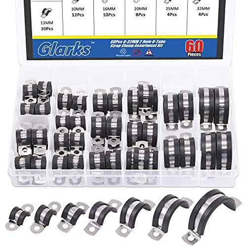 Glarks U-Rohr-Klemmen-Set mit 2 Löchern, 8–32 mm, 304 Edelstahl, mit Gummipolster für starre Rohrbefestigung, U-Halter-Sortiment-Set (8–32 mm), 60 Stück