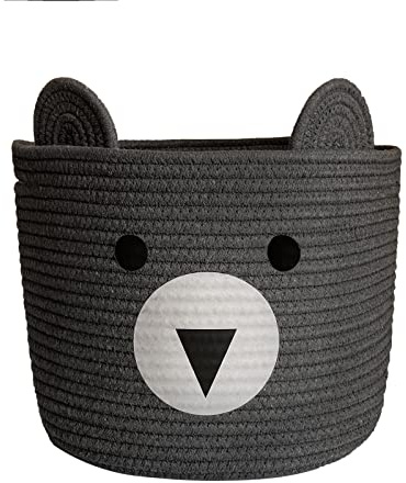 Bigepige Aufbewahrungskorb Kinder, Baby Spielzeug Baumwollseil Aufbewahrung Korb Geflochten, WäSchekorb Klein Faltbar Kinderzimmer Deko Basket Grau Bär(28x28x24cm)