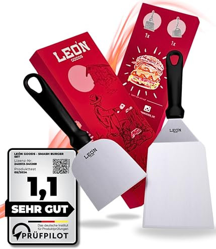 LEÓN Goods® : Grillspachtel Set [Edelstahl] Grill Spachtel/Plancha Spachtel (+20x Burger Papier) Teppanyaki Grillspachtel Edelstahl für Smash Burger, Fisch, Steaks UVM - rostfrei. (2-TLG.)
