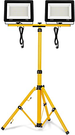 UISEBRT LED Baustrahler 2 * 200W Warmweiß mit Stativ Baustellen Strahler inkl. Netzkabel LED Fluter Arbeitsscheinwerfer Wasserdicht IP66 für Garage, Garten, Baustelle