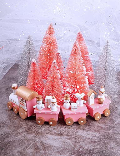Trenino Natalizio Rosa Legno 8pz Mini Albero Natale Glitter Argento Rosa Ornamento da Tavolo Decorazione Festa Natale Addobbi Natalizie Casa Regalo