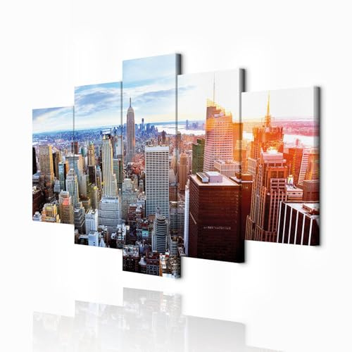 decomonkey Bilder New York 150x75 cm 5 Teilig Leinwandbilder Wandbild Stadt | Bild auf Leinwand, Kunstdruck, Wanddeko, Wohnzimmer, Wanddekoration, Panorama, Skyline