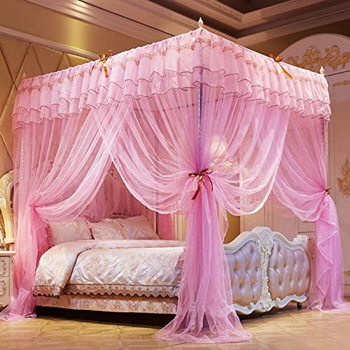 DUXY Moskitonetz, Luxus Prinzessin Betthimmel mit Edelstahlhalterung, Betthimmel mit 4 Eckpfosten 3 Seitenöffnungen, für Mädchen Kinderbett Kinder Erwachsene, Bettwäsche Dekor,Rosa,180x200cm
