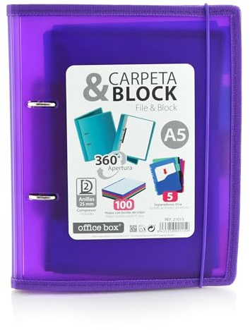 Carpeta & Block A5 (cuartilla) - Carpeta de 2 Anillas con bordes reforzados y Cierre de Gomas - Incluye 100 hojas con 5 Separadores Dobles más 10 Indicadores adhesivos by Office Box. (Morado)