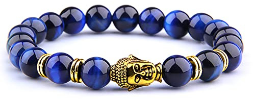 8 mm kungligt blått tigeröga armband män silverfärg Buddha huvud berlock armband kvinnor amulett vinatge gul sten pärlor pulsera, lapis blå tiger-1,21 cm