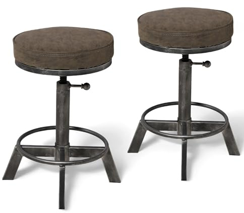 BOKKOLIK Set mit 2 drehbaren PU-Sitz-Barhockern, Industrie-Stil, 43,2–61 cm, höhenverstellbar, Küchenhocker, extra Gästestuhl