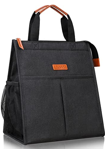 Lacdo Lunch Bag for Women Men Insulated Lunch Tote Bags Waterproof Reusable Lunch Box Soft Cooler with Pockets for Work Travel Picnic, Black