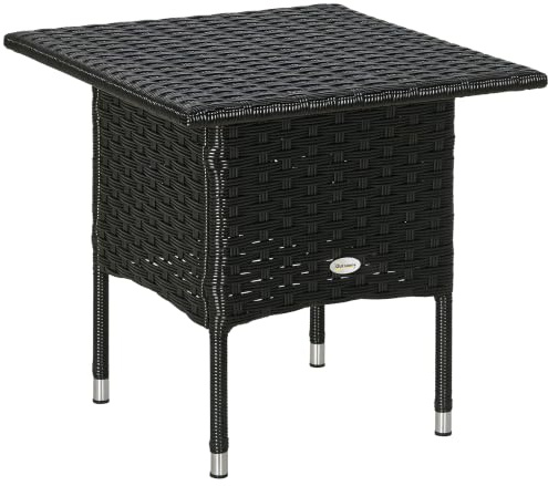 Outsunny Table d'appoint en rotin, table basse d'extérieur avec planche en plastique sous le dessus de la table entièrement tissé pour terrasse, jardin, balcon, noir