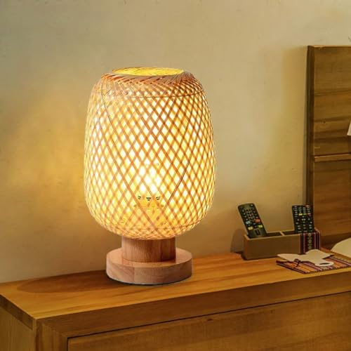 GUANSHAN Tischlampe aus Bambusgewebe, klein, exquisiter Bambus-Lampenschirm, Nachttischlampe, japanisches Nachtlicht, dekorative Tischlampe für Schlafzimmer, Wohnzimmer, Stil 2, Dimmer