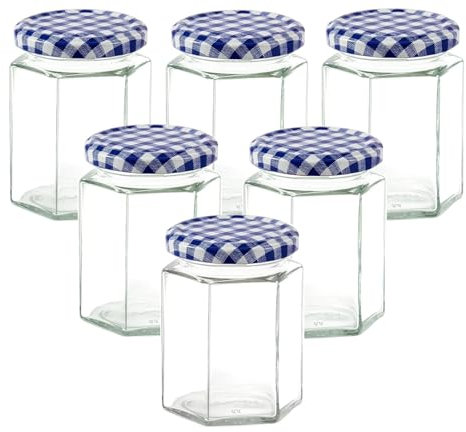 Offer Shop Jam Jars with Blue Gingham Lid & Labels - 280ml / 9oz Hexagonal Storage Glass Jars for Kitchen | Airtight Glass Jar for Spices Honey Food Storage | Set of 6