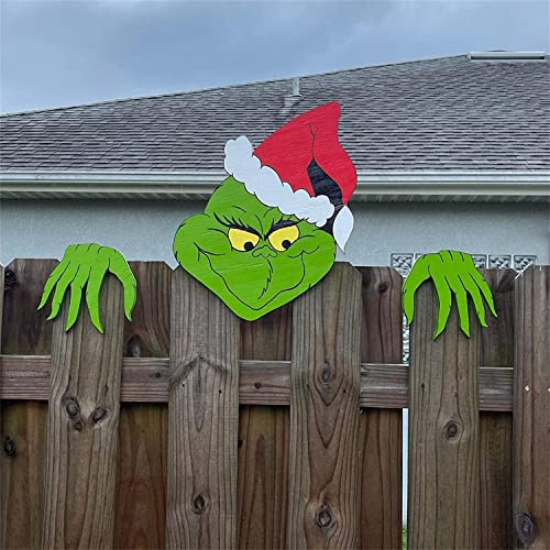Christmas Decorations Outdoor, G/-rinch Fence Yard Sign Fence Peeker Ornaments for Christmas Peeker Decorations Holiday Lawn Sign