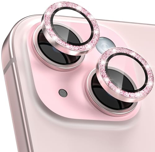 CloudValley for iPhone 15 Plus/iPhone 15 Camera Lens Protector, Ultra-HD Tempered Glass Camera Cover [Case-Friendly] Metal Individual Lens Screen Protective Ring, Glitter Pink