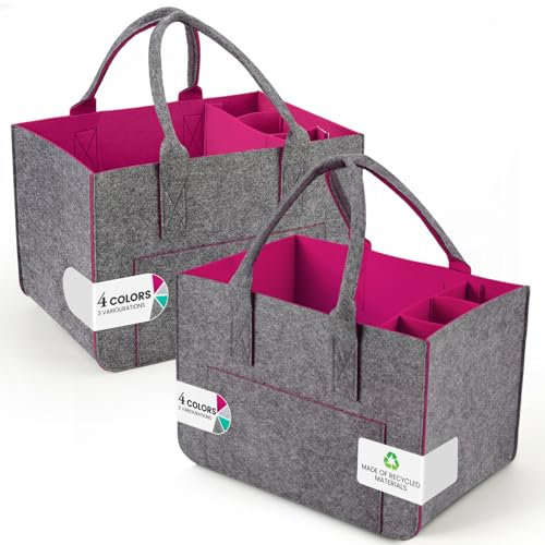 Eurhomewit Filztasche Einkaufstasche mit Fächern, Filztasche Groß 30L Faltbar und Robust Filz Einkaufskörbe Flaschentasche Kaminholztasche Kleiderkorb Spielzeugtasche (Magenta/2 Stücke)