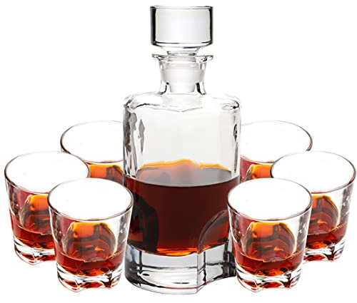 QTANZIQI Juego de decantador de Whisky de Lujo con 6 Vasos, decantador de Whisky de Cristal de 25,8 onzas, Vasos de Whisky soplados a Mano de 8,6 onzas, Regalos de cumpleaños de Aniversario, Regalos