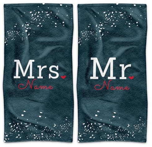 Print Royal PR Handtuch Personalisieren - 2er-Set - Mr. and Mrs. in blau - mit Name selbst gestalten - Handtuch Bedrucken, Hochzeitsgeschenke, Geschenk zur Hochzeit | Fotogeschenk - 100 x 50