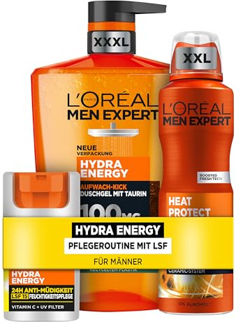 L'Oréal Men Expert Pflegeset mit Sonnenschutz für Männer, Mit XXXL Duschgel, XXL Deospray und Gesichtscreme LSF 15, Set für Herren mit Taurin, Vitamin C und Keramik, Hydra Energy, 3-teilig
