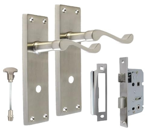 Epsom Door Handle Satin Bathroom Door Handle with Privacy Lock Set and 3 Lever Sash Lock - Victorian Style Internal Thumb Turn Latch for Interior Doors Satin Nickel Door Handles Back Plate 150 x 42mm
