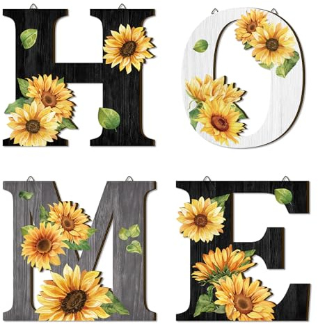 CHDITB 4pcs Home Wanddekoraion,Sonnenblumen Willkommensschild,Boho Kranz Heimschild Wandkunst,Home Holzbuchstaben Deko,Blumen Holz Haustürschild,Blumen Wandbild Wohnzimmer Schlafzimmer Dekoration