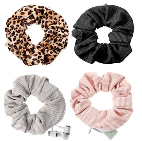 AOZUO Pocket Hair scrunchies för kvinnor, 4 st hårsnoddar med blixtlåsficka dold hästsvans hårband elastiskt armband scrunchy hårtillbehör för förvaring nycklar pengar läppstift små föremål
