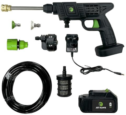 Jet Hawk – Portable Cordless High-Pressure Washer in Green Colourway - Use Any Water Source – 6 in 1 - Inc Spray Nozzles, 5m Hose, Hose Connector, Free Soap Dispenser Bottle & Hard Carry Case