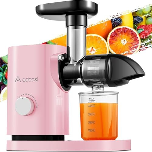 Aobosi Licuadora prensado en frio, Extractor de zumos y frutas con motor silencioso, vaso para zumo y cepillo de limpieza, sin BPA (150 vatios/Rosa)