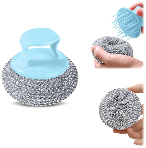 10er Pack Stainless Steel Wool Scrubber with Handle, Pot Scrubbers Dish Scrubber Cleaning Brush Wash for Dish, Stainless Steel Scrubbing Brushes Cleaning Supplies for Pots, Pans, Grills, Sink (Blue)