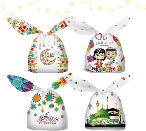 CaiTang 100 st presentpåsar från Aid Mubarak, Aid Mubarak Kuvert Ramadan Plast Godispåsar Favoritpåsar Påse Söta Kex för Eid Mubarak Present Fest Dekoration