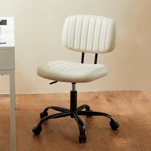 RKJDMSWJ Drehstuhl für kleine Büroräume, Schlafzimmer-/Arbeitszimmerstuhl mit niedriger Rückenlehne, Arbeitsstuhl ohne Armlehnen, moderner Computer-Schreibtischstuhl aus Leder mit Rollen, Schminkstüh