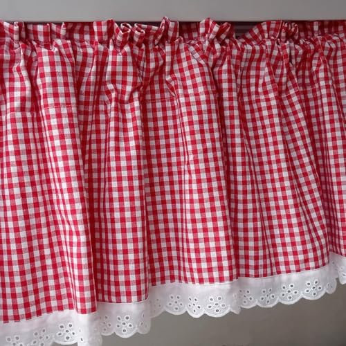 A.Monamour Tenda Corta per Finestra Piccola Rustico Cotone Bianco Rosso A Quadri Scacchi Quadretti Bianco Pizzo Tenda a Pannello a Vetro da Cucina Bistrot Caffè Mezza Mantovana Tendina