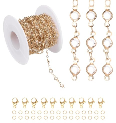 PATIKIL Guld, vit 16,4 fot strass kedja | Med hummerformade krokar och anslutningsringar, smycken
