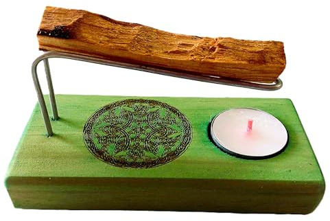 YA-DECOREGALOS Quemador para Palo Santo Artesano, simbolo Mandala, con Base de Madera Natural, Varillas metalicas. Incluye Palo Santo y velita de té, Color Verde