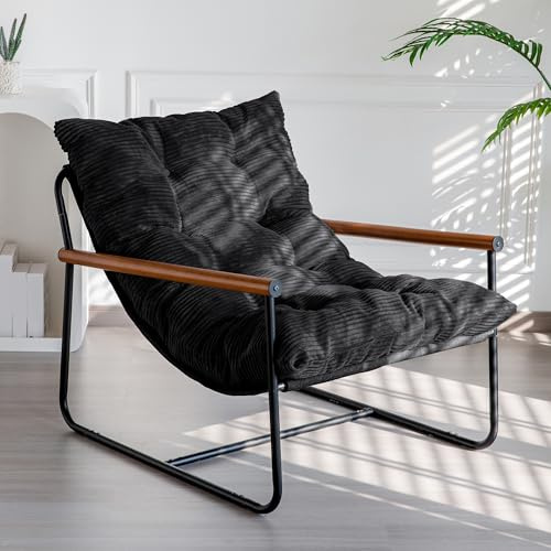 MAXYOYO Modern Accent Chair, Comfy Living Room Chair with Metal Frame Wooden Armrest, Upholstered Armchair with Soft Cushion for Bedroom Balcony Lounge Reading Room, Black