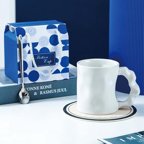 LANTING Mug Cadeau Élégant - Tasse Céramique Luxueuse avec Cuillère (13,5 cm) - Idéal Cadeau Maman/Anniversaire/Amie (Blanc)