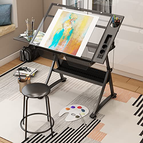 ABNNHK Moderner Zeichentisch aus Glas mit Verstellbarer Höhe und neigbarer Schreibtischplatte für Künstler, inklusive Hocker und Bastelablage, ideal zum Zeichnen und G